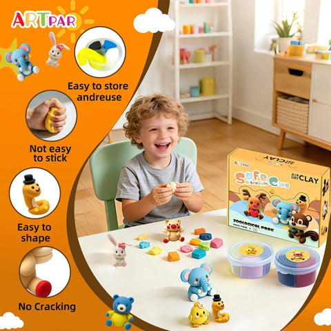 Child playing with Air Dry Clay Kit For Kids With 12 Animal Sculpting Molds And 4 Vibrant Colors, modeling clay on a table.