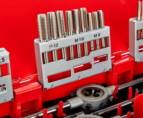 Close-up of the 44 Piece HSS Drill And Tap Tool Set With Die And Hand Tap Kit For Metalworking M3 To M12 Taps in metal box