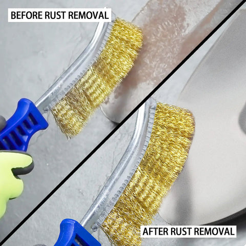 Heavy Duty 11 Inch Wire Brush Set With Plastic Handle For Automotive Jobs Grill Cleaning Rust And Paint Removal Welding Slag And Household Use More And Thicker Bristles Pack Of 2 showing rust removal before and after