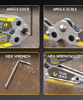 Beefy Adjustable Angle Welding Magnet 20 To 200 Degrees With 77 Lb Magnetic Pull showing angle lock, scale, hex wrench, and slot