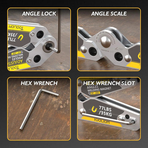 Beefy Adjustable Angle Welding Magnet 20 To 200 Degrees With 77 Lb Magnetic Pull showing angle lock, scale, hex wrench, and slot