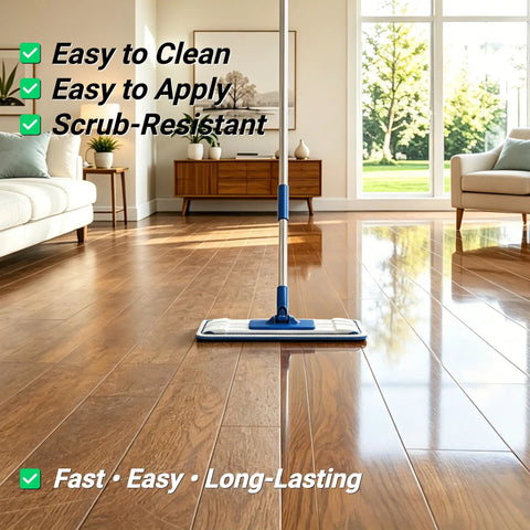Top Shelf Wood Floor Restorer And High Gloss Polish For Fresh Slick Shine being applied on polished hardwood floor.