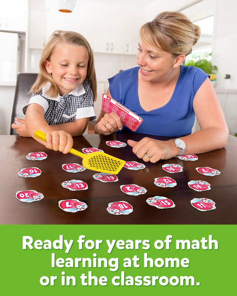 Mother and daughter playing Swat The Fly Cards Math Game Set For Kids Seven Fun Math Games 1st 2nd 3rd Grade at home