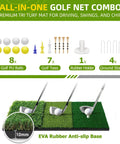 Golf net combo with tri turf mat, golf balls, tees, rubber holder, and ground stakes for backyard practice setup.