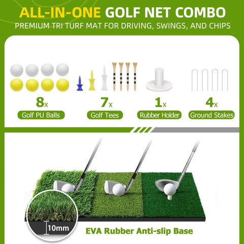 Golf net combo with tri turf mat, golf balls, tees, rubber holder, and ground stakes for backyard practice setup.