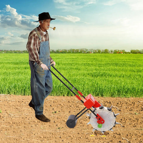 Farmer using Metal Precision Garden Seeder With 10 Hole Walk Behind Planter And Clear Seed Storage Box for backyard farming
