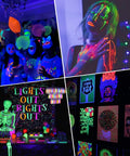 60W LED Black Light Bar With 60 LEDs, 120 Degree Flood Beam in party setting with body paint, fluorescent posters, Halloween decor.