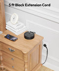 Ultra Flat Plug Power Strip With USB Ports And Wall Mount Space Saver 5ft Extension Cord on wooden nightstand.