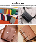 Assorted colorful card holders, a black crossbody bag, and brown leather wallets used with Half Round Leather Punch Set 11 Pcs Black Carbon Steel Leather Craft Tools For Wallets Belts Bags Straps With Sharp Edges And Rust Resistant Finish For Pro Leather Makers