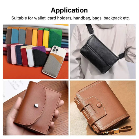 Assorted colorful card holders, a black crossbody bag, and brown leather wallets used with Half Round Leather Punch Set 11 Pcs Black Carbon Steel Leather Craft Tools For Wallets Belts Bags Straps With Sharp Edges And Rust Resistant Finish For Pro Leather Makers