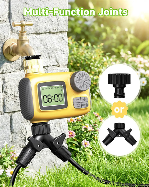 Smart Drip Irrigation System With LCD Timer showcasing connectors in garden setting