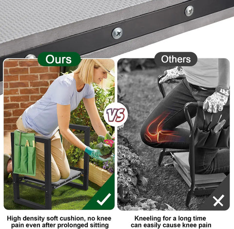 Comparison of 2 In 1 Garden Kneeler And Seat Foldable Stool With 400 Lbs Capacity, showing comfort with kneeling pad vs. traditional kneeler pain.