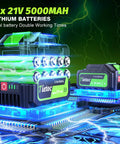Two 21V 5000mAh lithium batteries for cordless leaf blower with 1200W brushless motor, showing dual battery design on tech background.
