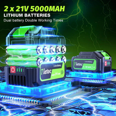 Two 21V 5000mAh lithium batteries for cordless leaf blower with 1200W brushless motor, showing dual battery design on tech background.