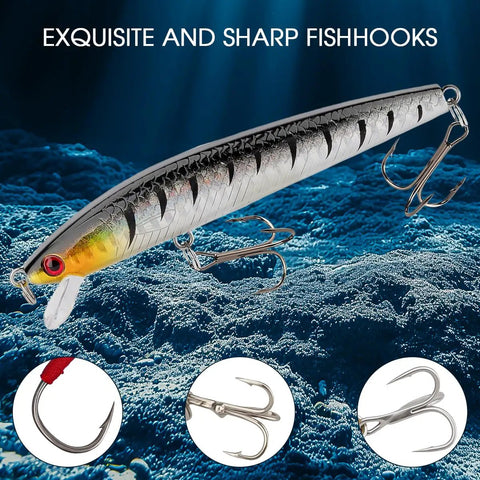 Close-up of fishhook details from 27-Piece Fishing Lures Kit With Hard And Soft Baits For Bass, Trout, Pike, Deep Diving Crankbaits In Premium Gift Box