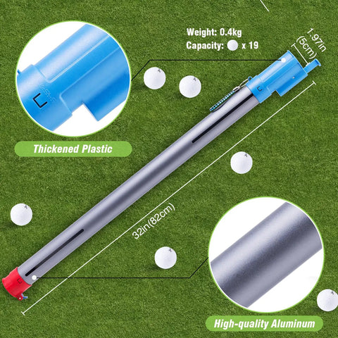 Lightweight Aluminum Golf Ball Picker Tube for Easy Ball Retrieval and Placement shown on grass with dimensions and material details.