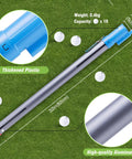 Dual Function Aluminum Golf Ball Retriever And Ball Setting Tube on grass, labeled dimensions, holds 19 balls, weighs 0.4 kg