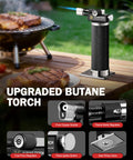 Dual Flame Butane Torch Lighter for Cooking and Soldering with ergonomic grip, shown near grilled steaks on a wooden table.