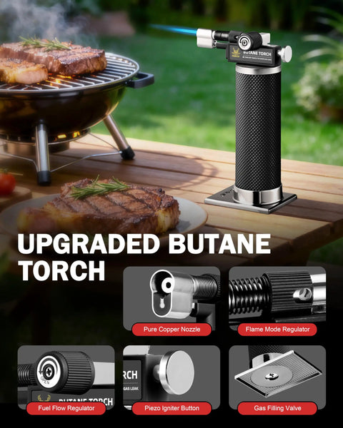 Dual Flame Butane Torch Lighter for Cooking and Soldering with ergonomic grip, shown near grilled steaks on a wooden table.