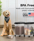 Two Pack Dog Food Storage Containers With Airtight Seal And Rolling Wheels Holds Up To 30 Lbs Each One Hand Open BPA Free Made In USA Clear And Black with dog and food bowl