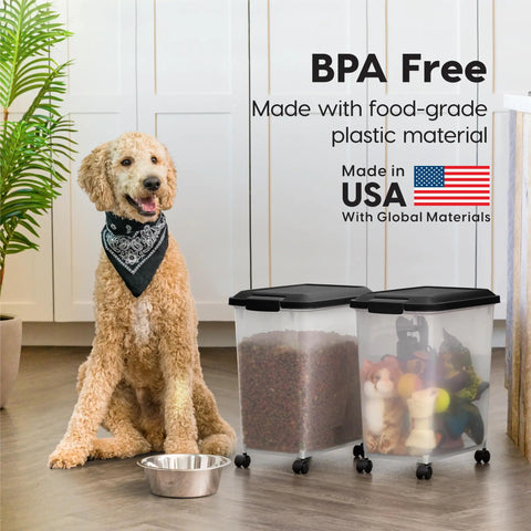 Two Pack Dog Food Storage Containers With Airtight Seal And Rolling Wheels Holds Up To 30 Lbs Each One Hand Open BPA Free Made In USA Clear And Black with dog and food bowl
