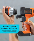 Hands holding Matrix 20V Max Drill Kit With Storage Case, Cordless Drill And Driver and Quick Connect system attachment
