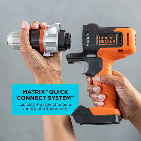 Hands holding Matrix 20V Max Drill Kit With Storage Case, Cordless Drill And Driver and Quick Connect system attachment