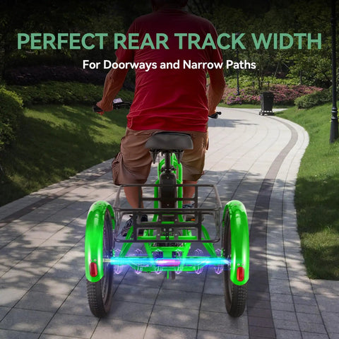 All Terrain Adult Electric Trike With Three Wheels Folding Design 450 Lb Load Up To 40 Miles Of Range At Fifteen Point Five To Nineteen MPH 750W Peak Motor With Removable Battery UL Certified Step Through E Trike For Easy City Cruising rear view on narrow path
