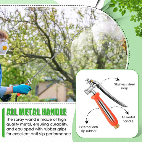 Person using All Metal Pro Grade Pump Sprayer Wand With Two Nozzle Types And Adjustable Spray, Stainless Steel Build outdoors