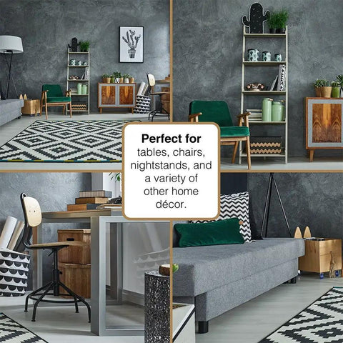 Modern living room with grey furniture, geometric rugs, wooden tables, and plants for tables, chairs, and home decor use.