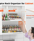 Three Tier Expandable Spice Rack Organizer For Cabinet And Countertop Fully Adjustable Width Design Dead Simple Pantry Layout, showing adjustable size and rimmed edges.