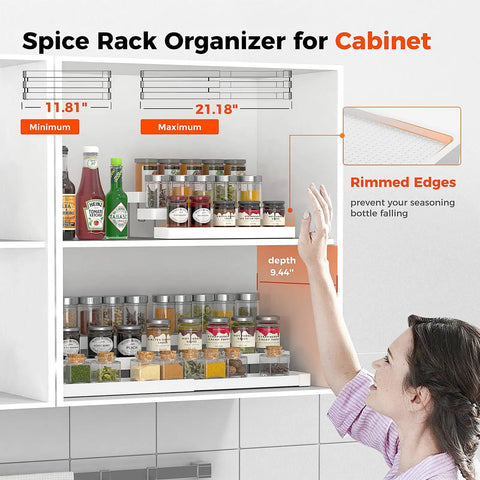 Three Tier Expandable Spice Rack Organizer For Cabinet And Countertop Fully Adjustable Width Design Dead Simple Pantry Layout, showing adjustable size and rimmed edges.