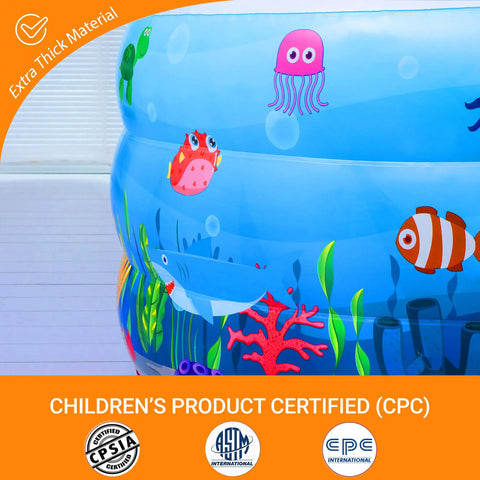 Cartoon fish design on Ultra Spacious Family Sized Inflatable Pool 100 Inch By 66 Inch By 23 Inch for backyard hangouts, 3-chamber.