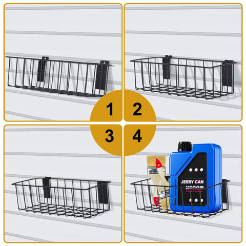 Heavy-Duty Slatwall Baskets and Hooks Kit for Standard Slatwall Panels, 32-piece set showing 4 baskets installed with items