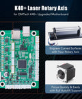 K40+ Laser Rotary Axis for OMTech K40+ motherboard; enables engraving curved surfaces and has autoflit support.