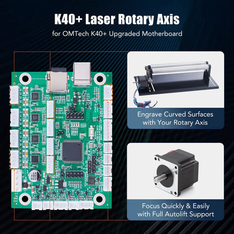 K40+ Laser Rotary Axis for OMTech K40+ motherboard; enables engraving curved surfaces and has autoflit support.