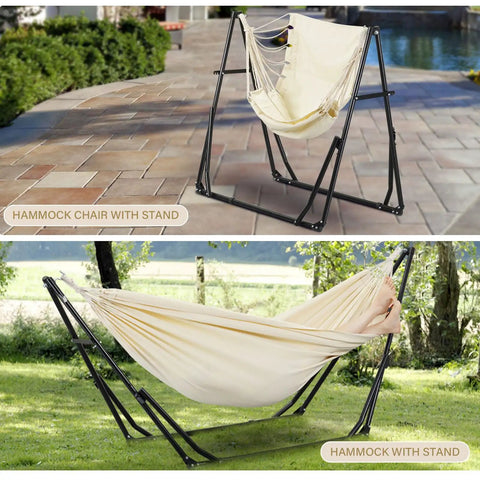 2 In 1 Outdoor Hammock With Stand Hangout Ready Swing Chair Portable Heavy Duty Steel Frame Backyard Vibe Doubles Up For Two Supports Up To 480 Lbs Quick Setup In Minutes Includes Carry Bag White