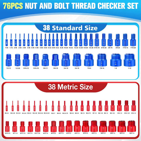 Detachable 76Pcs Thread Checker Set With 38 Standard And 38 Metric Sizes Nut And Bolt Thread Gauge, blue and red aluminum