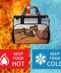 Desert Rest Small Cooler Bag For Men And Women, Insulated Lunch Tote with camel design, showcasing hot and cold features