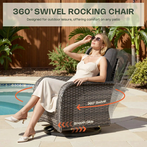 Woman relaxing on 5 Piece All Weather Patio Set With Wicker Chairs And Coffee Table High Back Swivel Rockers by the pool