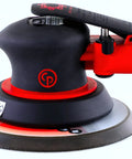 Air Powered Random Orbital Sander For Woodworking And Home Improvement, 6 Inch Hook And Loop Sanding Tool, side view with red accents