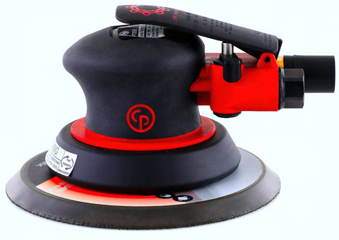 Air Powered Random Orbital Sander For Woodworking And Home Improvement, 6 Inch Hook And Loop Sanding Tool, side view with red accents