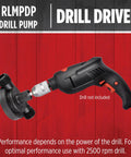 Drill Powered Transfer Pump For Quick Liquid Moves, 154 GPH Black connected to a hand drill, garden hose ready