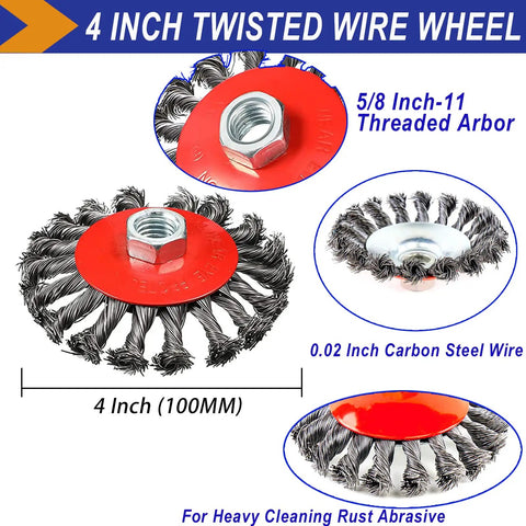 4 Inch Wire Wheel Set For Angle Grinders, 3 Pack With Five Eighth Inch Eleven Threaded Arbor, Coarse Crimped Twisted Knotted Cup