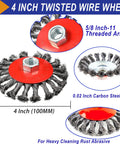 Four Inch Wire Wheel Brush Set For Grinder Six Pack For Four And A Half Inch Angle Grinder With Five Eighth Inch Eleven Threaded Arbor Coarse Crimped Twisted Knotted Cup Brush Heavy Duty Rust Busting And Surface Cleaning image showcasing twisted wires and threaded arbor