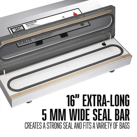 Heavy Duty Commercial Grade Vacuum Sealer Machine For Food Preservation And Sous Vide Cooking With Extra Wide Seal Bar For 16 Inch Bags And 935 Watt Power Built Sick Stainless Steel Rig That Handles No Drama Meal Prep Like A Boss showing 16-inch seal bar and control panel.