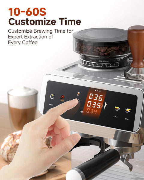 Espresso Machine With Built In Grinder And Milk Frother, 190-201F Temp Control, 44 Grind Settings, touch screen interface