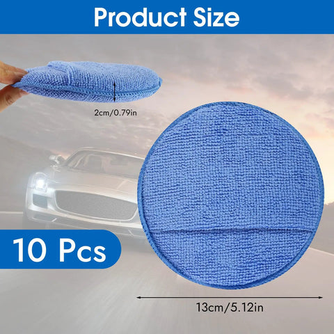 10 Pack Wax Applicator Pads With Finger Pocket, blue microfiber 5-inch car wax applicators with sponge, side and top view