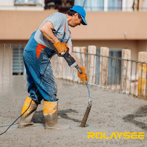 Worker using Beast Mode Heavy Duty 1500W Concrete Vibrator With 6.6Ft Shaft Portable Pencil Cement Vibrator on wet cement
