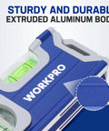 Hustle Ready Mini Magnetic Pocket Level Featuring High Visibility Bubbles And Precision Convex Lens For Dead On Readings Crafted From Rugged Aluminum Alloy In Sharp Cobalt Blue A Real Deal Shop Floor Staple Contractors Love close-up of blue extruded aluminum body and bubble vial.
